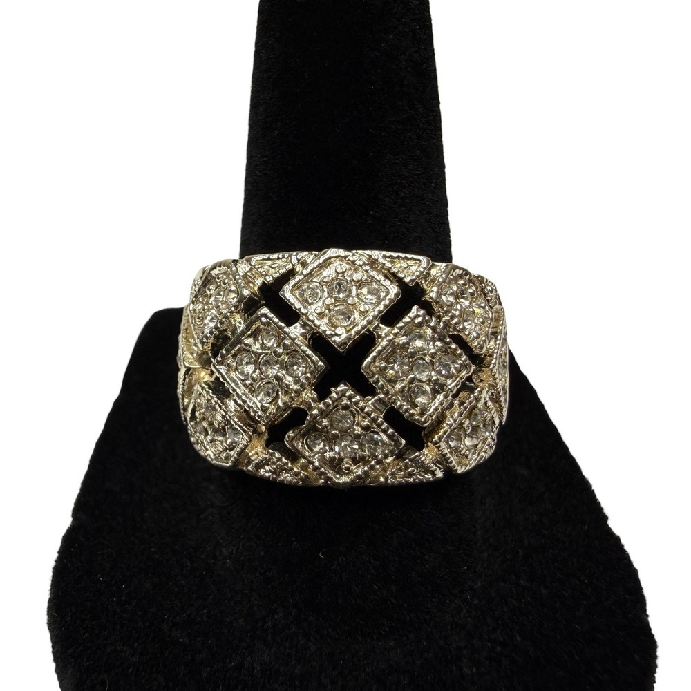 Sparkling Pave Rhinestone Wide Band Silver Tone Statement Ring Jewelry Sz 8